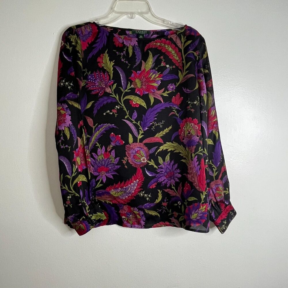 Lauren Ralph Lauren Women's Black Paisley Floral Long Sleeve Blouse Top Size L